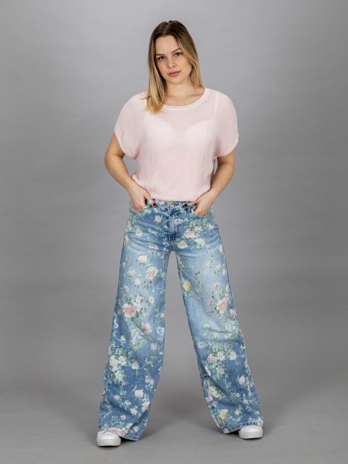 Vékony virágos bő szárú farmer nadrág