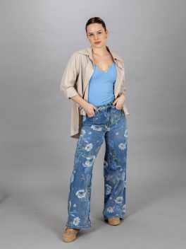 Virágos bő szárú farmer nadrág