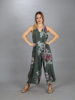 Nyakbakötős len overál